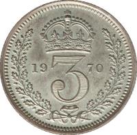 reverse of 3 Pence - Elizabeth II - Maundy Coinage; 1'st Portrait (1954 - 2012) coin with KM# 901 from United Kingdom. Inscription: 19 3 70