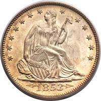 obverse of 1/2 Dollar - Seated Liberty Half Dollar; With date arrows; With rays around eagle (1853) coin with KM# 79 from United States. Inscription: LIBERTY 1853