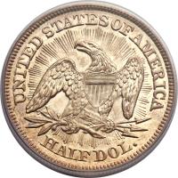 reverse of 1/2 Dollar - Seated Liberty Half Dollar; With date arrows; With rays around eagle (1853) coin with KM# 79 from United States. Inscription: UNITED STATES OF AMERICA HALF DOL.