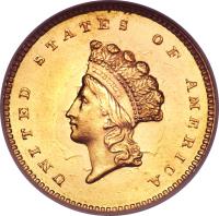 obverse of 1 Dollar - Small Indian Head; Type 2 (1854 - 1856) coin with KM# 83 from United States. Inscription: UNITED STATES OF AMERICA LIBERTY