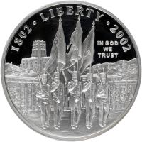 obverse of 1 Dollar - West Point Bicentennial (2002) coin with KM# 338 from United States. Inscription: 1802 · LIBERTY · 2002 IN GOD WE TRUST