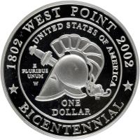 reverse of 1 Dollar - West Point Bicentennial (2002) coin with KM# 338 from United States. Inscription: 1802 WEST POINT 2002 UNITED STATES OF AMERICA E PLURIBUS UNUM W JM ONE DOLLAR * BICENTENNIAL *