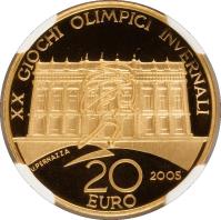 reverse of 20 Euro - Torino Olympic Games (2005) coin with KM# 267 from Italy. Inscription: XX GIOCHI OLIMPICA INVERNALI UPERNAZZA 2005 20 EURO