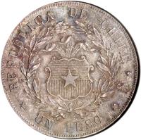 reverse of 1 Peso (1853 - 1862) coin with KM# 129 from Chile. Inscription: REPUBLICA DE CHILE UN PESO