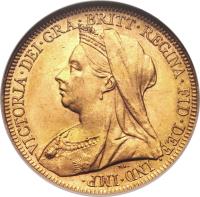 obverse of 1 Sovereign - Victoria (1893 - 1901) coin with KM# 13 from Australia. Inscription: VICTORIA · DEI · GRA · BRITT · REGINA · FID · DEF · IND · IMP · T.B.