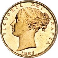 obverse of 1 Sovereign - Victoria (1871 - 1887) coin with KM# 6 from Australia. Inscription: VICTORIA DEI GRATIA W.W. 1887