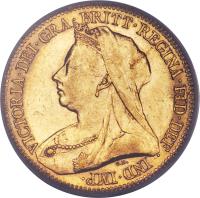 obverse of 1/2 Sovereign - Victoria (1893 - 1901) coin with KM# 12 from Australia. Inscription: VICTORIA · DEI · GRA · BRITT · REGINA · FID · DEF · IND · IMP · T.B.